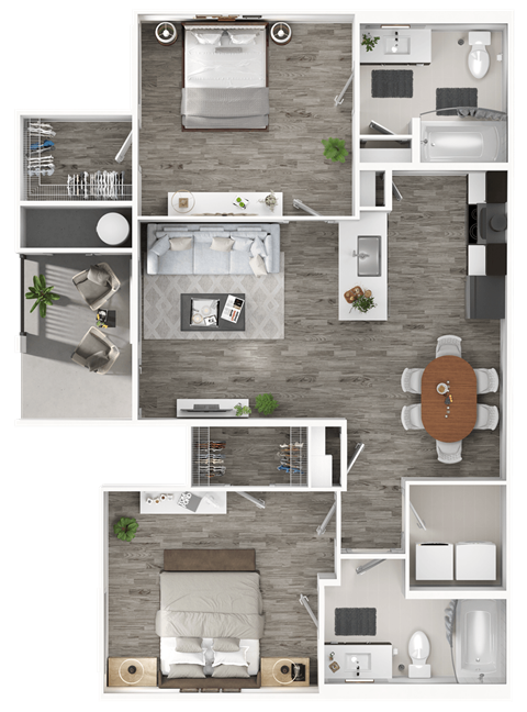A floor plan of a house with a kitchen, living room, and two bedrooms.